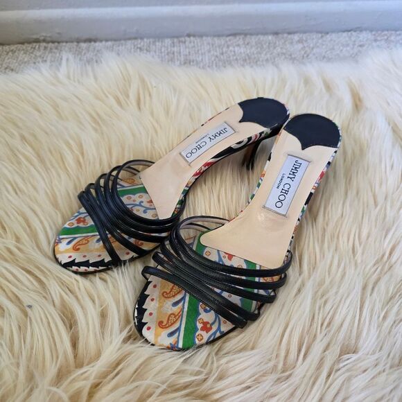 Vintage Jimmy Choo Y2K Black Strappy Paisley Slingbacks Kitten Heels Size 38 - Picture 1 of 8